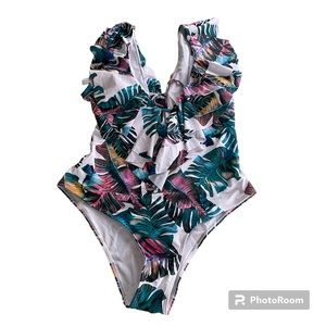 Sporlike Womens one piece bathing suit multi colored palm leaves large